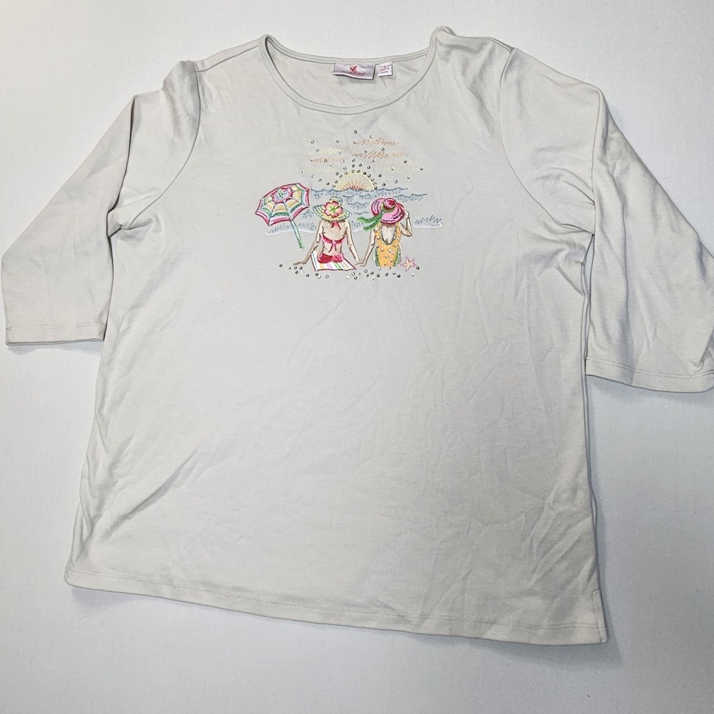Quacker‎ Factory Beach Scene Embroidered Top L Rhinestone 3/4 Sleeve Women's Top